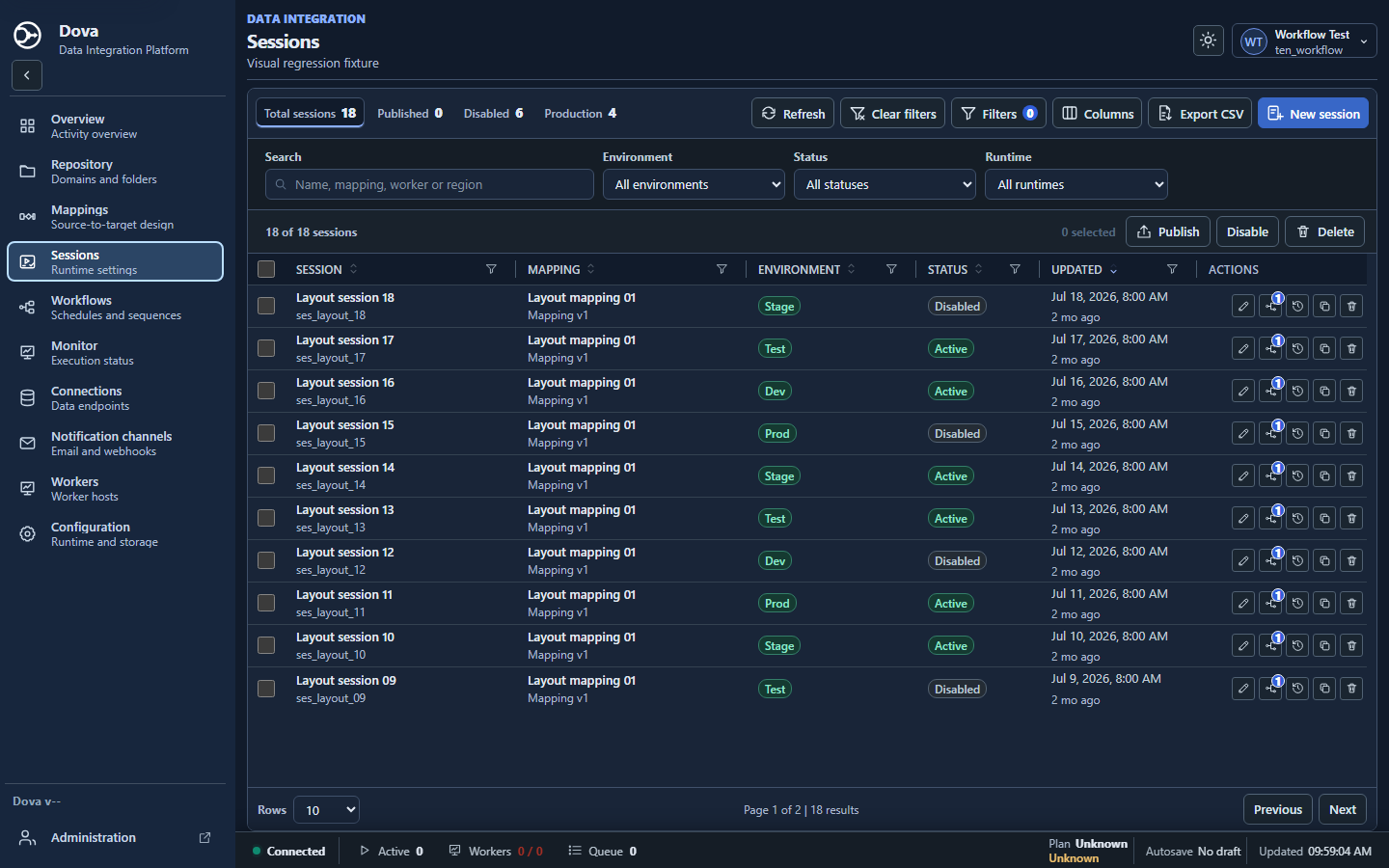 Dova 7 Sessions manager, desktop dark theme, with synthetic local data.